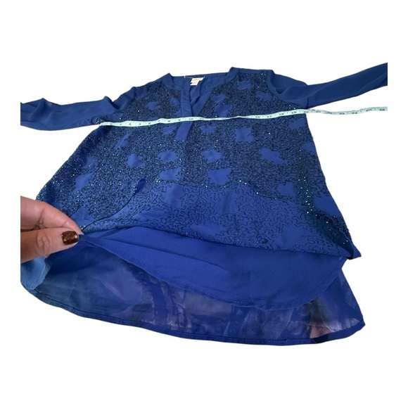 Chicos Cobalt Blue Split Neck Sequin Front Sheer Layered Occassion Blouse - Picture 9 of 13